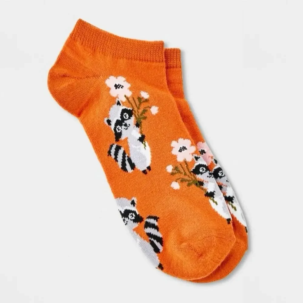 3 Pairs Women’s Raccoon Floral Low Cut Ankle Socks Orange Size 4-10 NWT Target